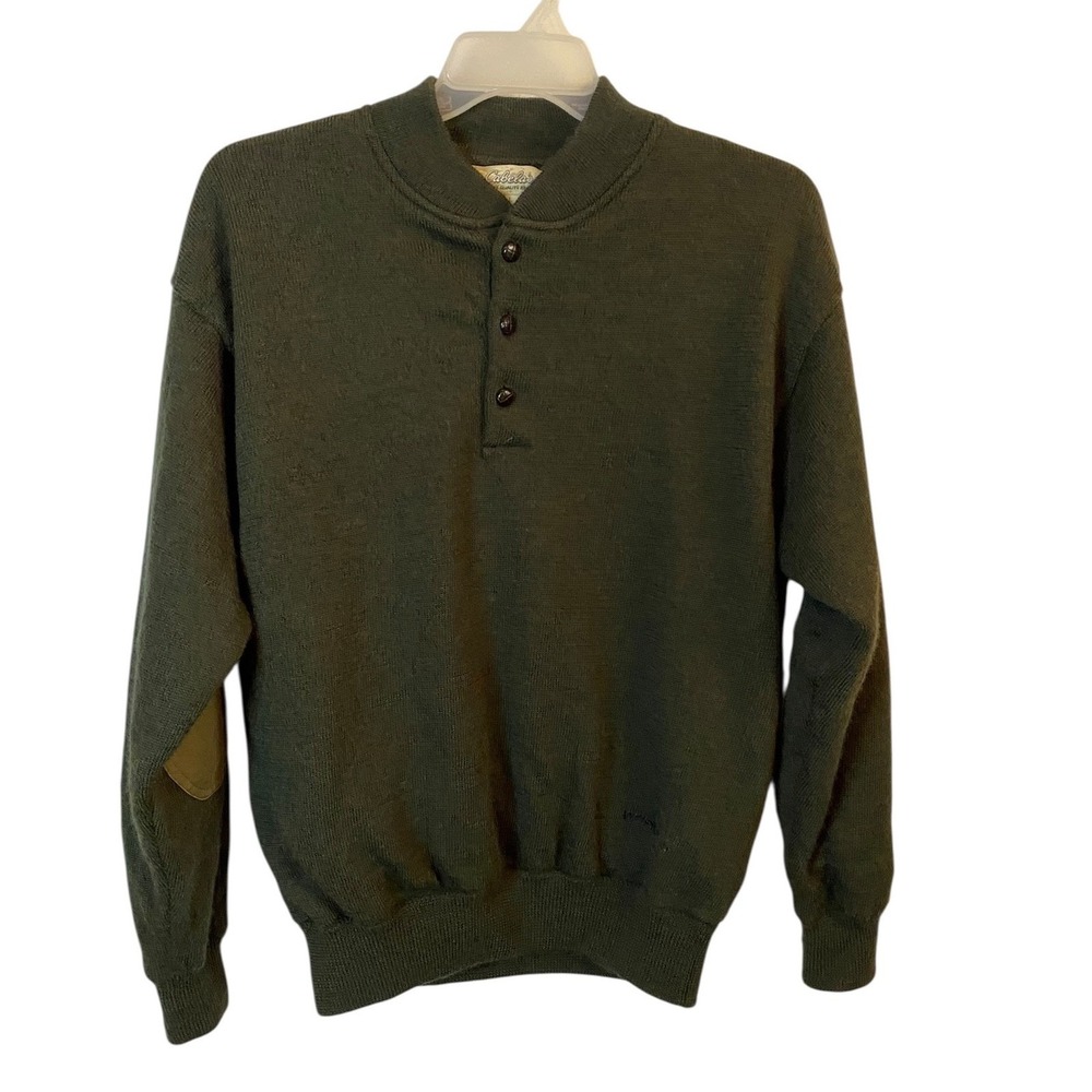 Cabelas Mens Forest Green 100% Wool 1/4 Button Mock Neck Sweater Elbow Patches L